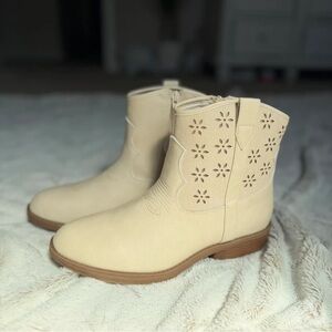 Cream Floral Cutout Ankle Booties with Low Heel